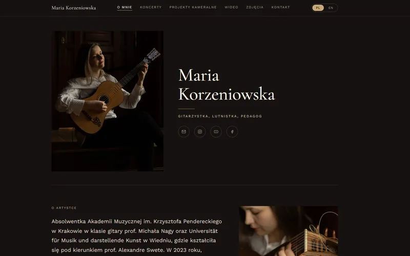 Zrzut ekranu strony mariakorzeniowska.pl — gitarzystka i lutnistka